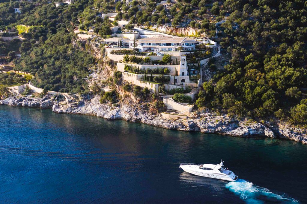 super yacht off coast in Mediterranean